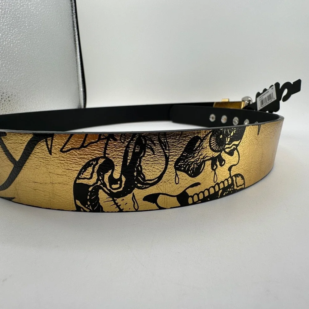 Ed Hardy Christian Audigier Belt Mens 38 Tiger Skull Tattoo Art Gold Color NEW
